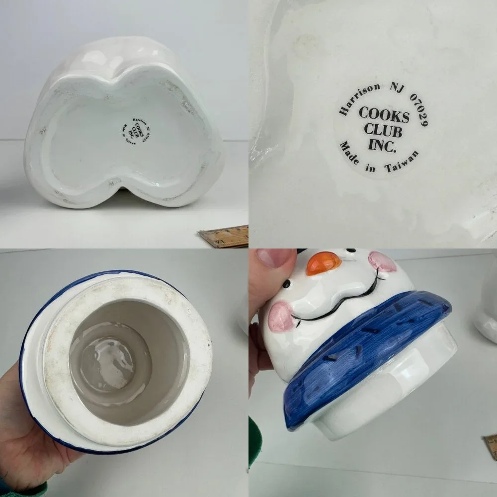 Vtg 90s Snowman Holding‎ Cookies Cookie Jar w Lid Storage Orig Box Crazing READ